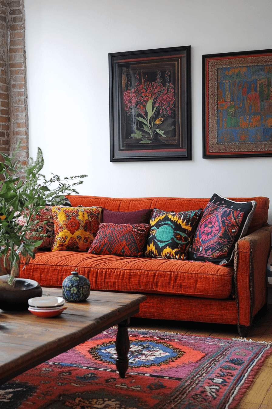 Eclectic living room with mixed patterns and textures