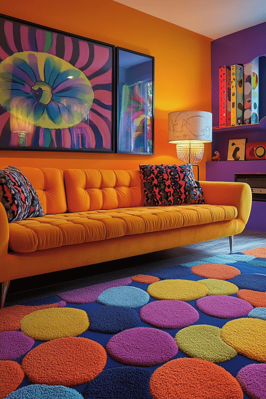 Living room with mid-century modern furniture and bold patterns
