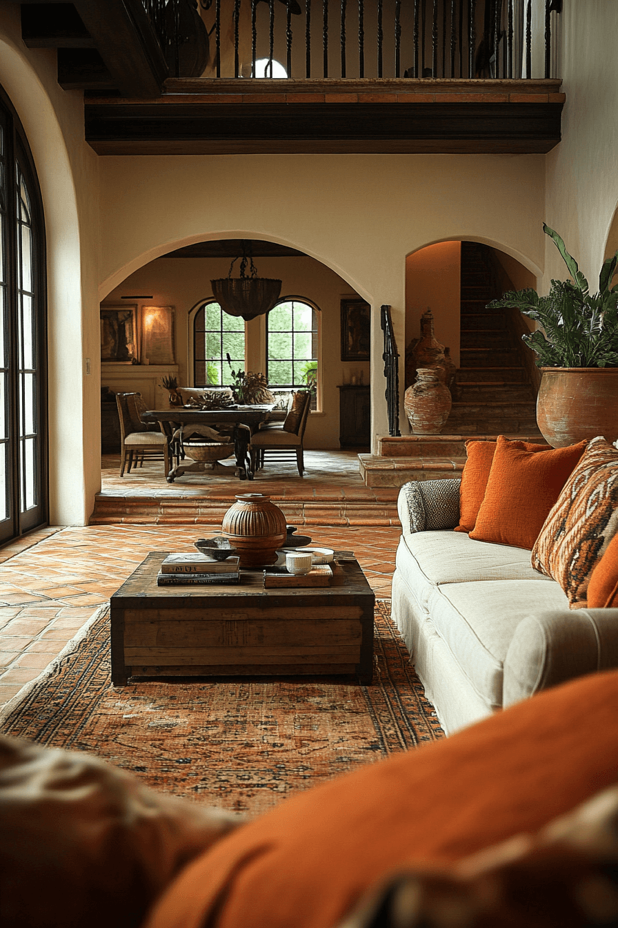 Living room with terracotta and rustic wood accents