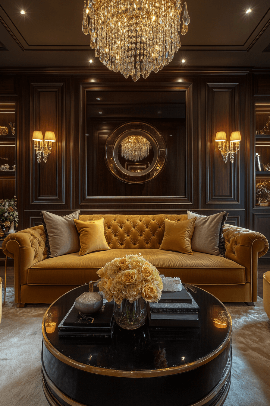 Living room with gold-framed mirror and brass decor