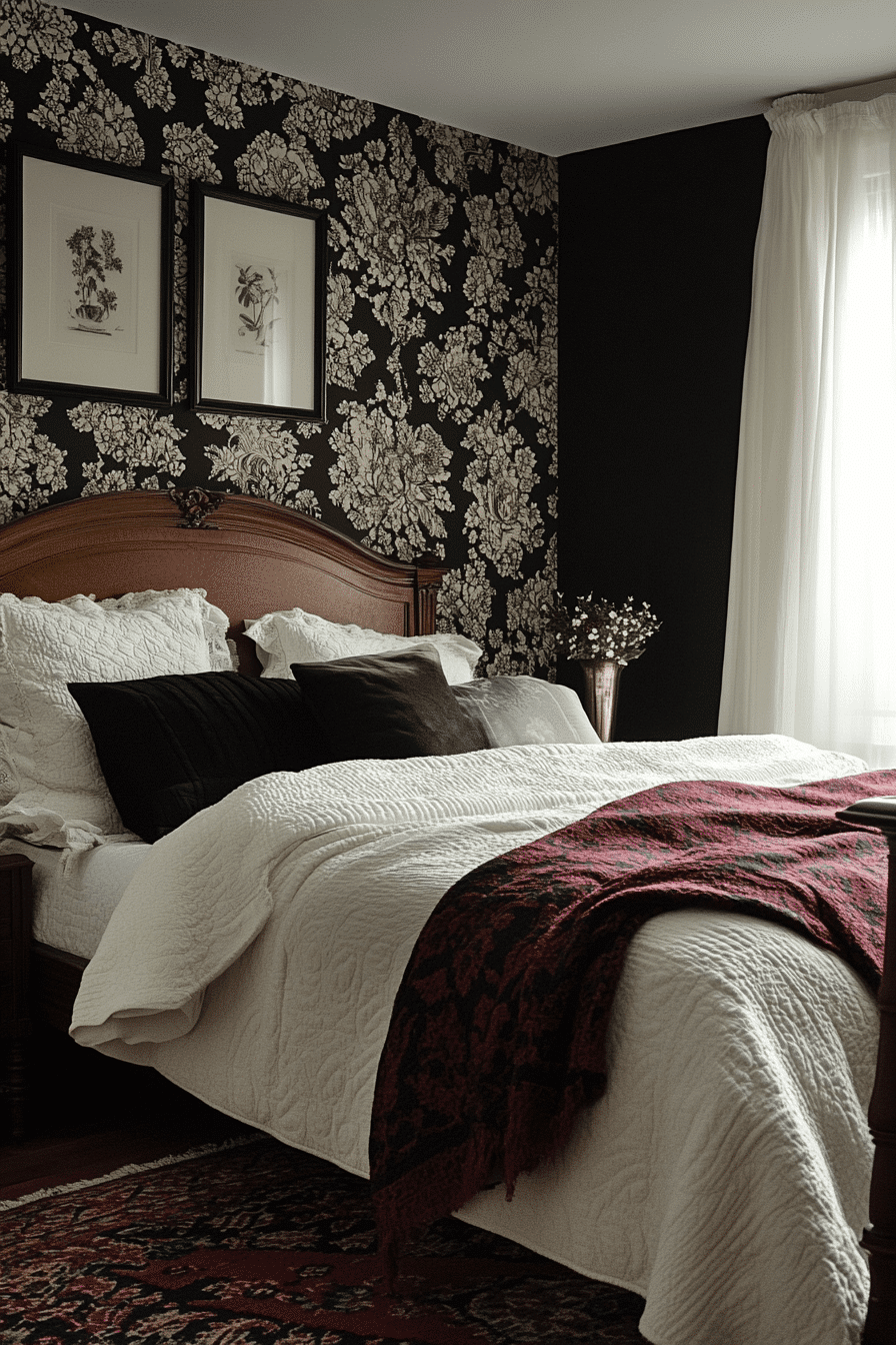 Patterned wallpaper in bedroom