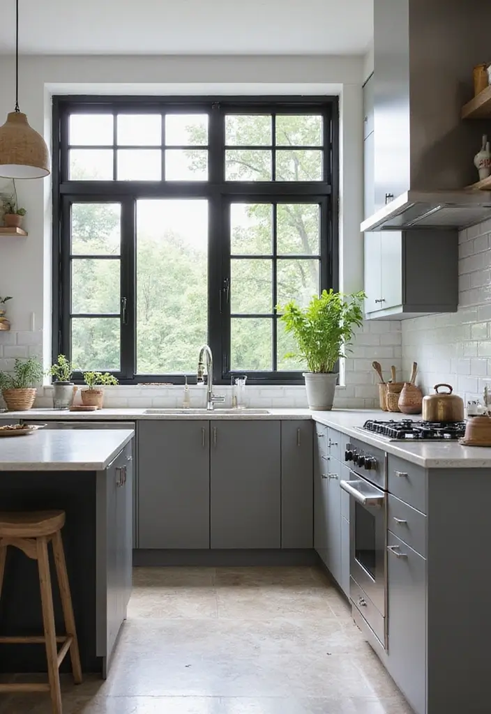 Black Window Frames in Grey and White Kitchen
