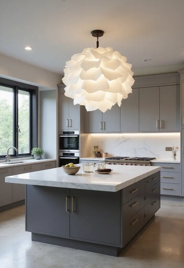 Statement Lighting in Grey and White Kitchen
