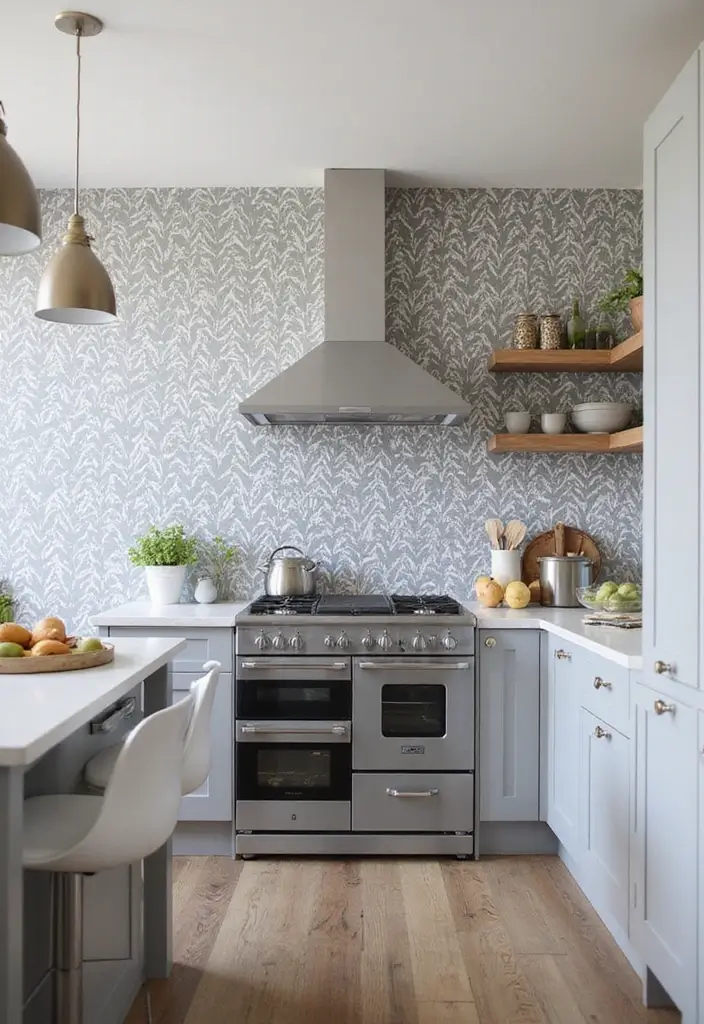 Wallpaper Accent Wall in Grey and White Kitchen