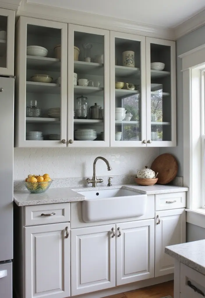 Smoked Glass Cabinets in Grey and White Kitchen