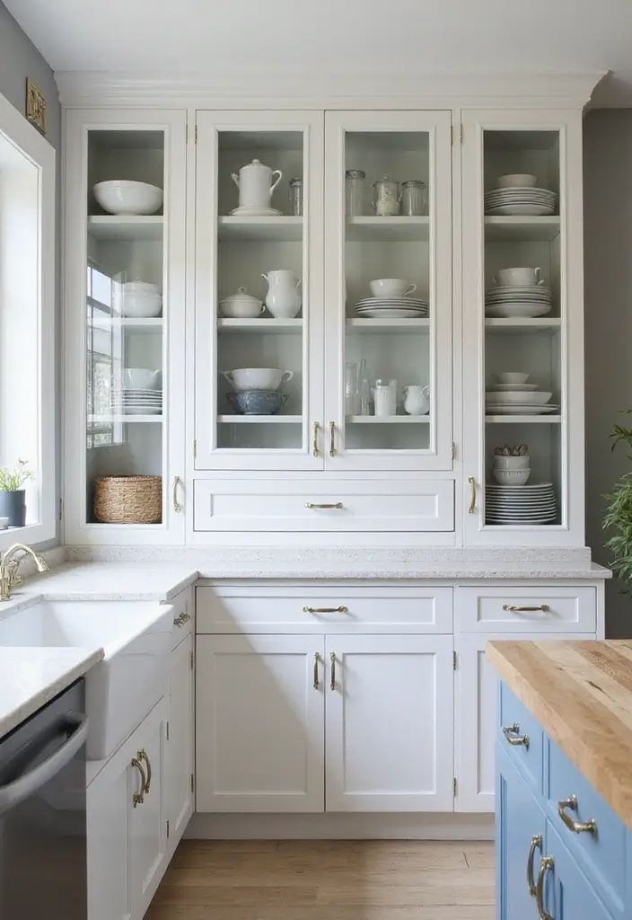White Glass-Front Cabinets in Grey and White Kitchen