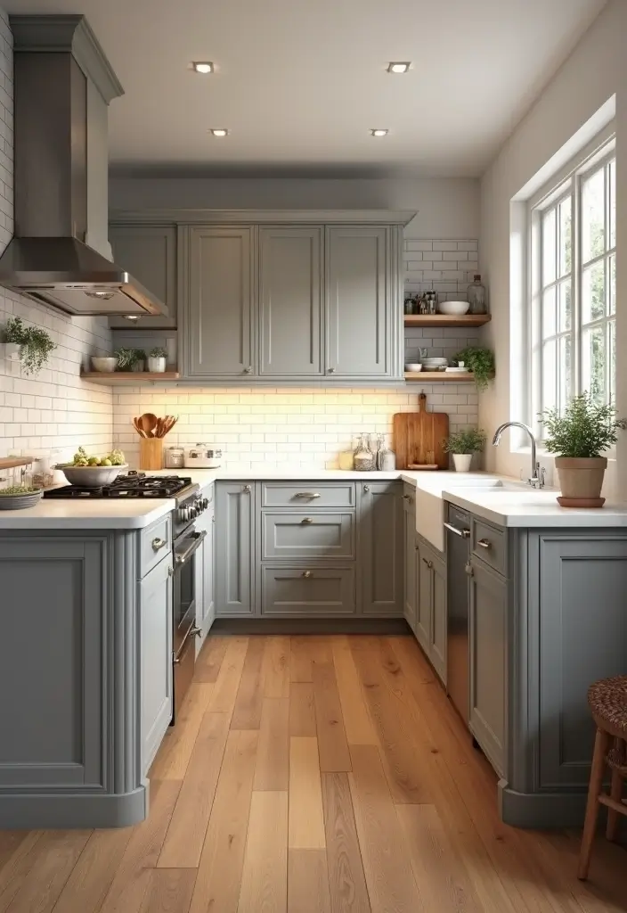 Warm Wood Flooring in Grey and White Kitchen