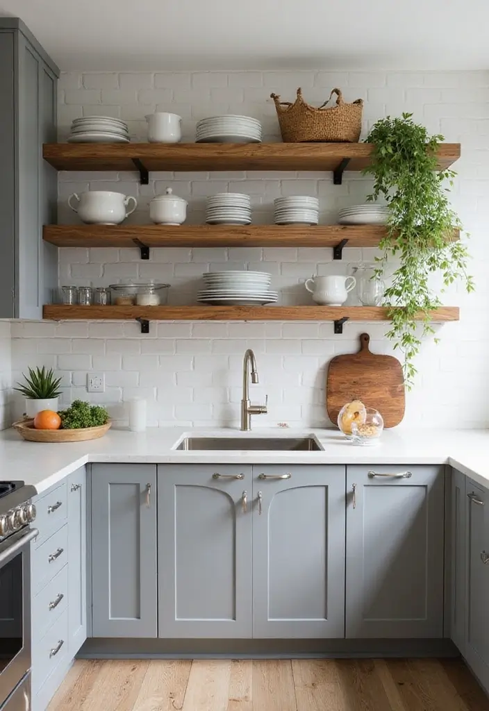 Open Natural Wood Shelving in Grey and White Kitchen
