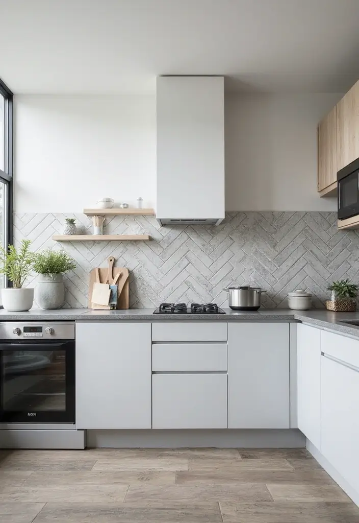 Herringbone Tile Pattern in Grey and White Kitchen