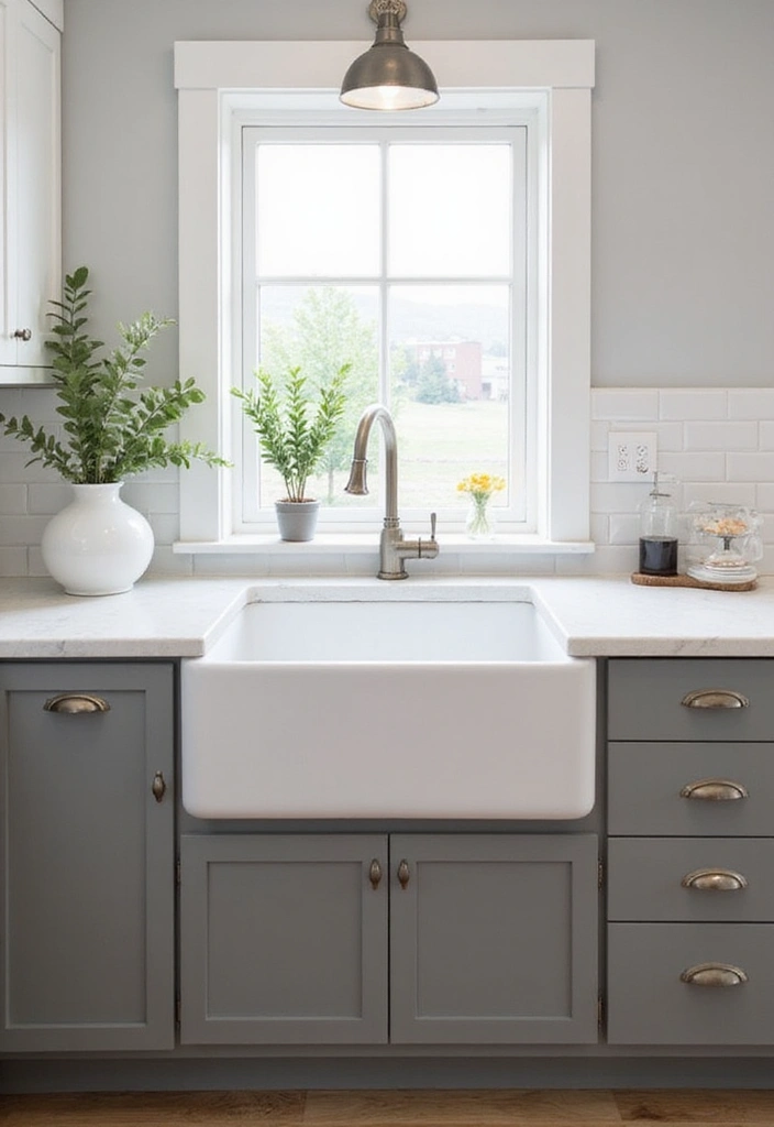 Farmhouse Sink in Grey and White Kitchen