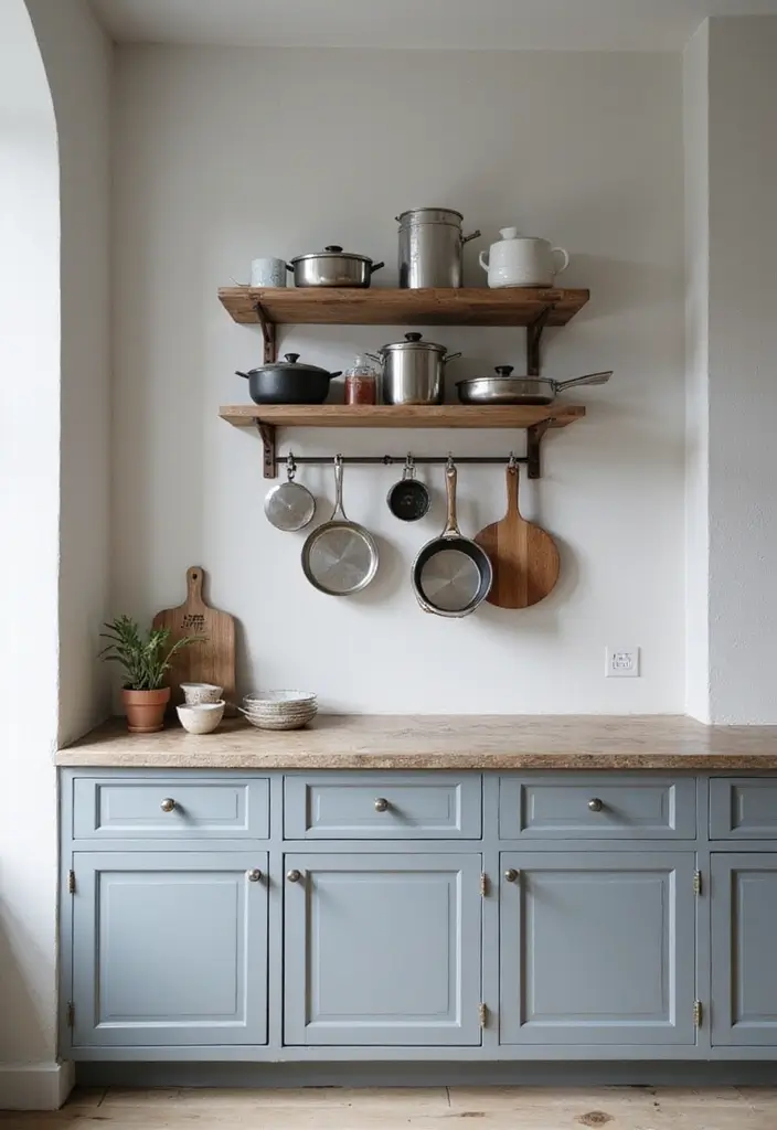 Wall-Mounted Pot Racks in Grey and White Kitchen