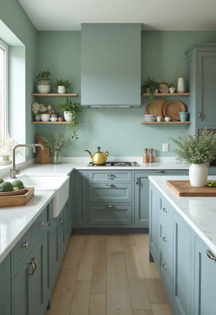 Soft Sage Accent Wall in Grey and White Kitchen