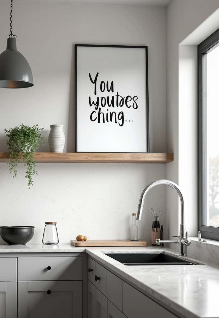 Typography and Abstract Wall Art in Grey and White Kitchen
