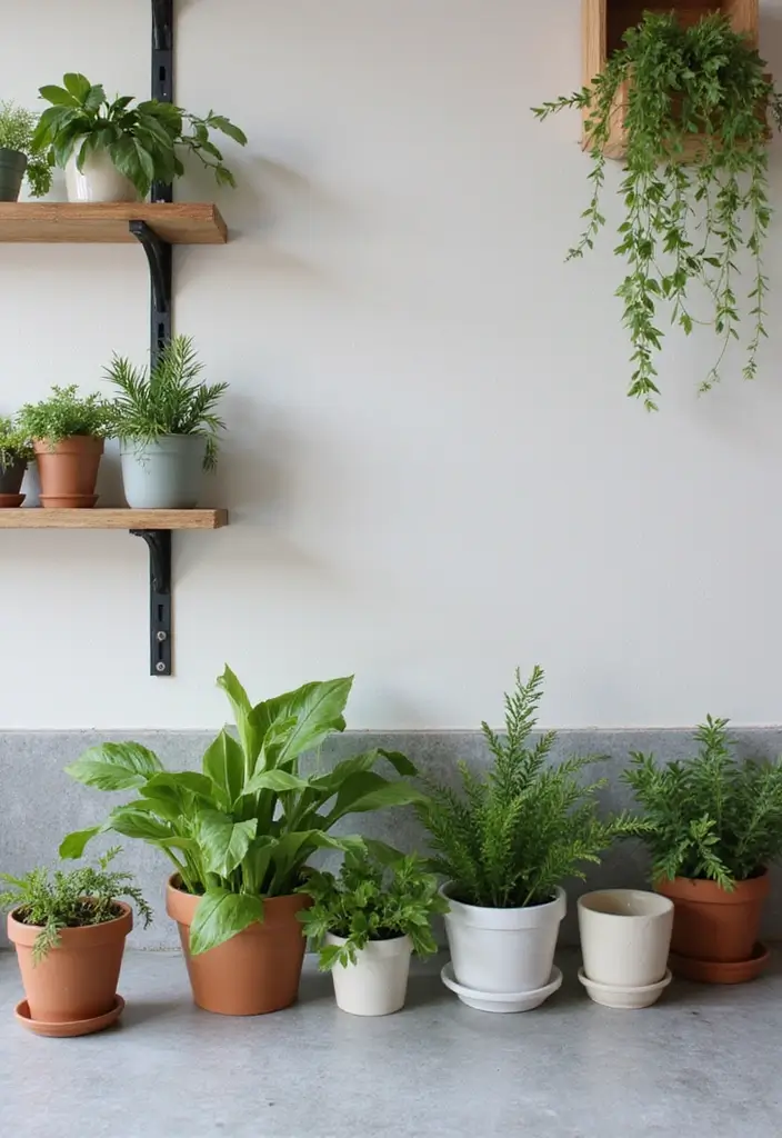 Greenery in Ceramic Pots in Grey and White Kitchen