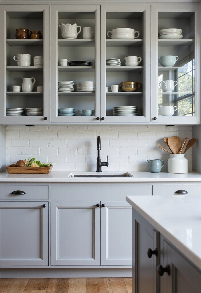 Glass-Front Cabinets and Open Cubes in Grey and White Kitchen