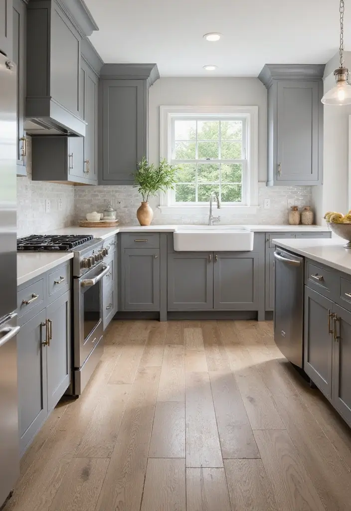 Wood-Look Tile Flooring in Grey and White Kitchen
