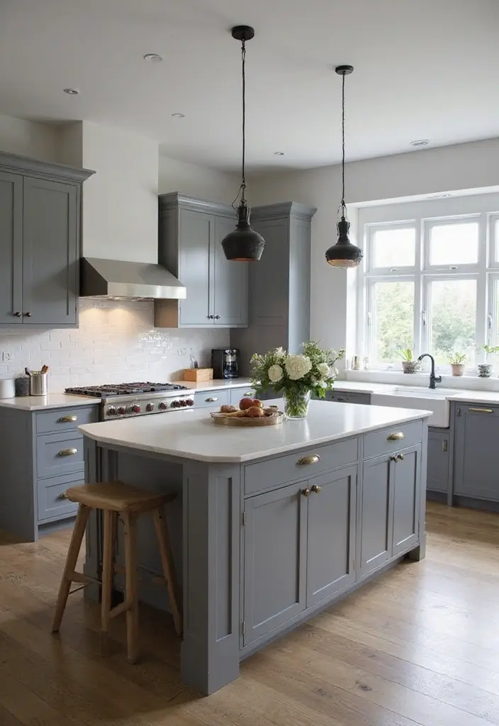 Statement Pendant Lighting in Grey and White Kitchen