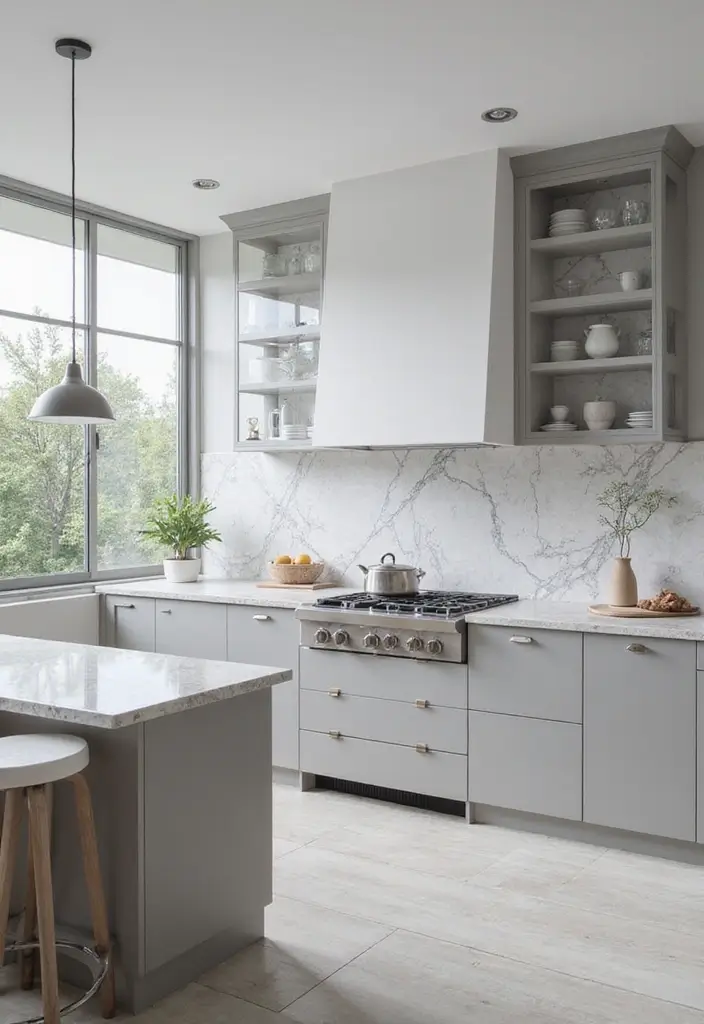 Marble-Inspired Backsplash in Grey and White Kitchen