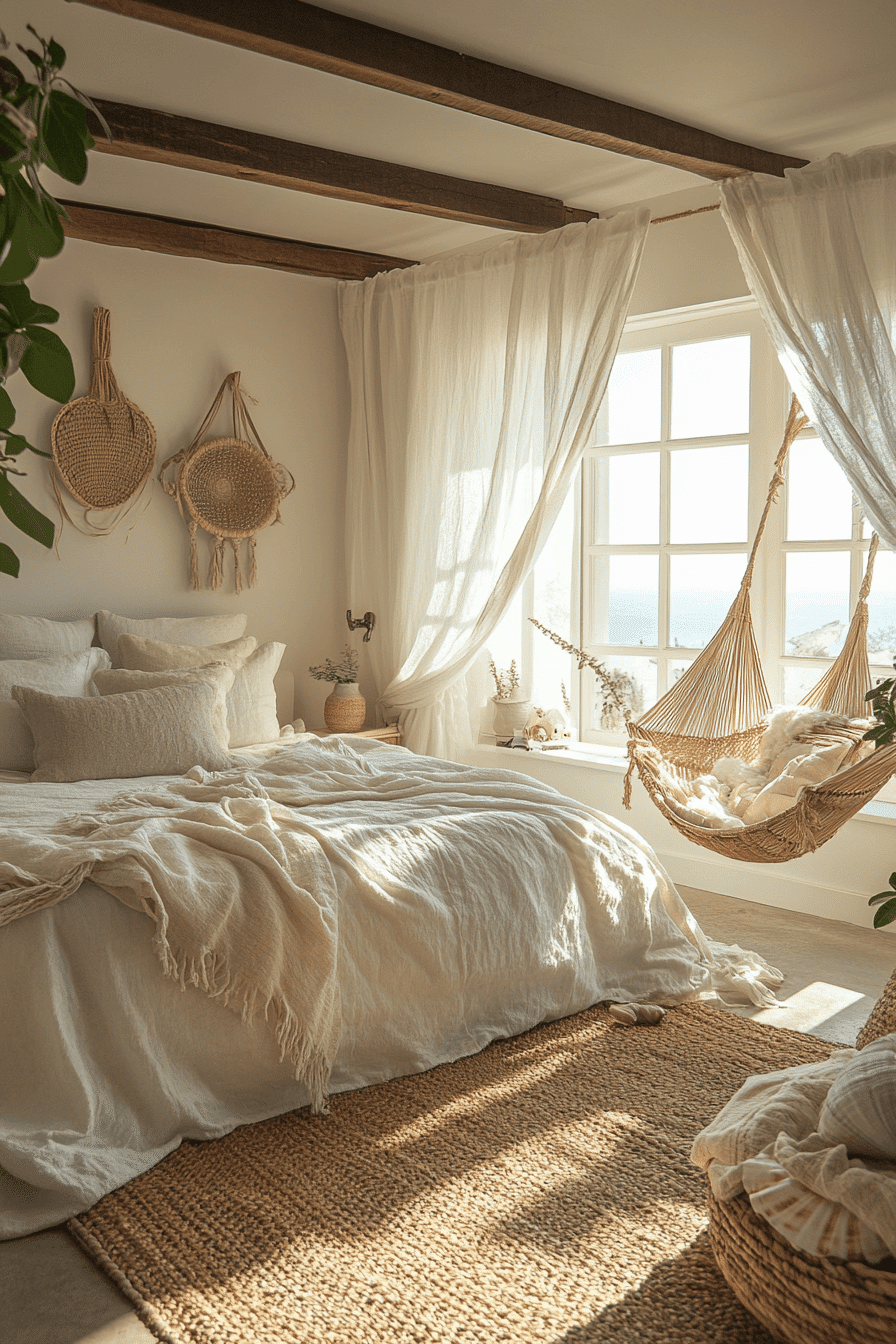 Boho coastal bedroom with rattan furniture and flowing curtains