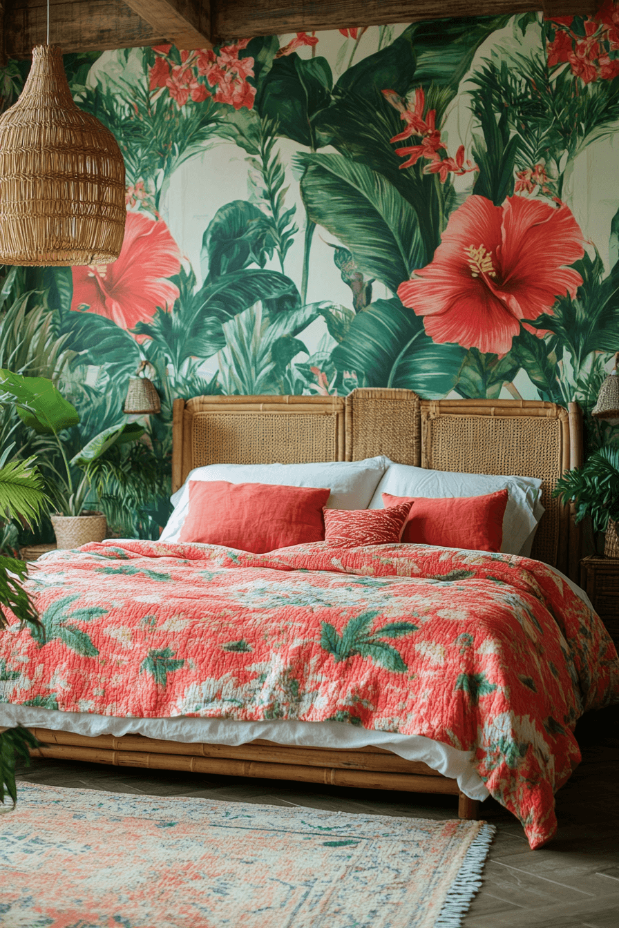 Boho coastal bedroom with palm leaf prints and bamboo accents
