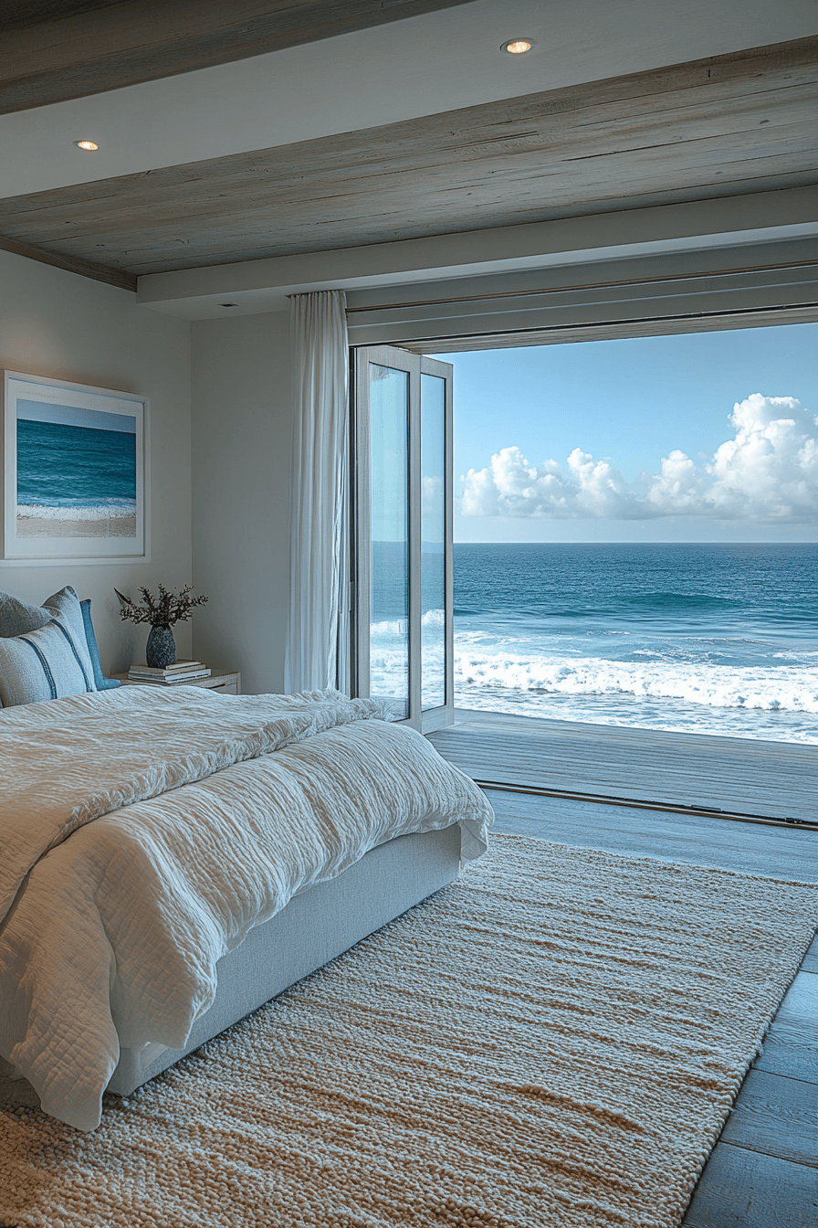 Boho coastal bedroom with shells and driftwood on floating shelves