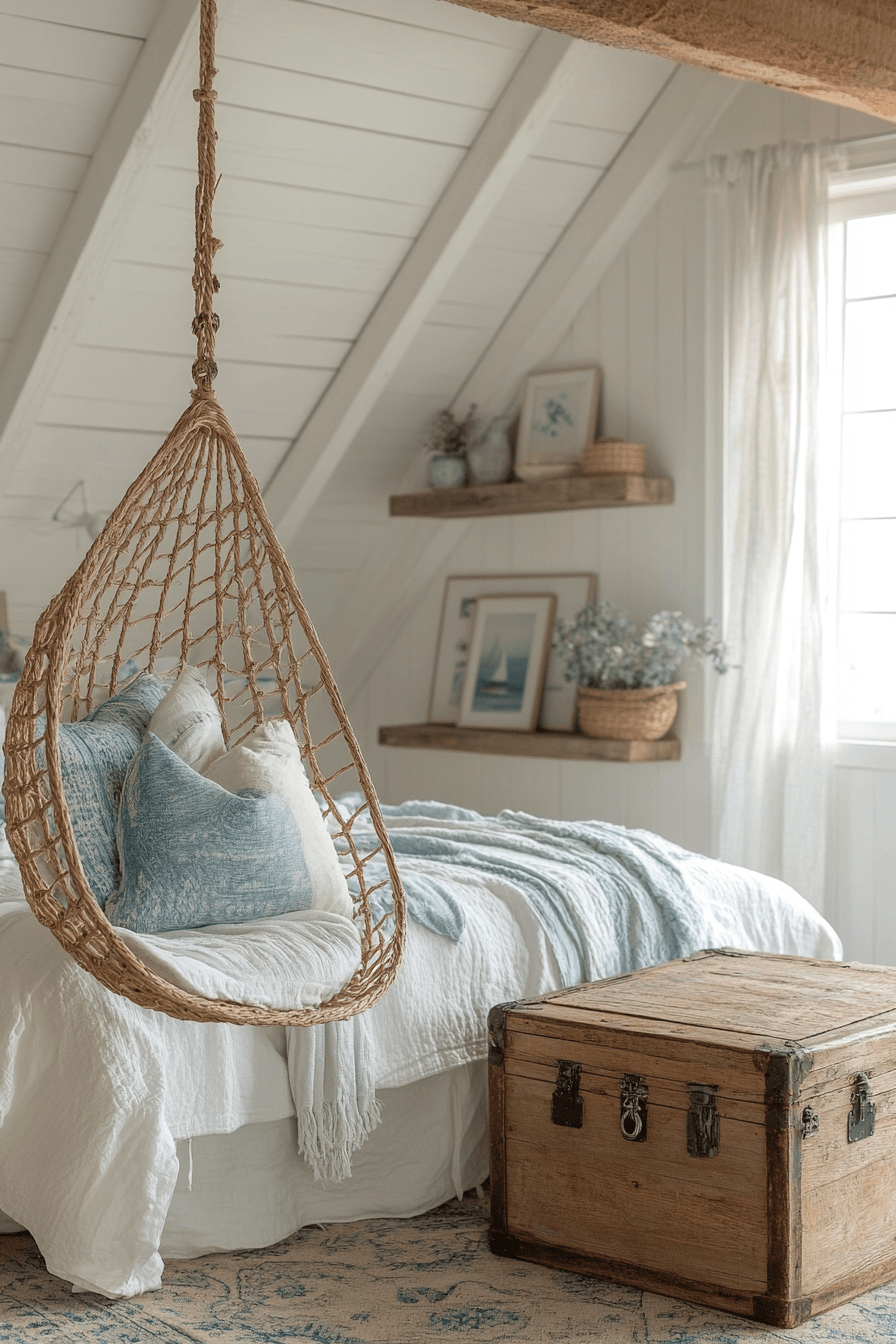 Boho coastal bedroom with weathered wood furniture and shell garlands