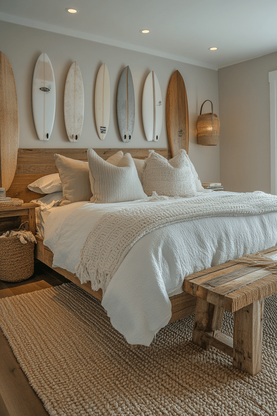 Boho coastal bedroom with surfboard wall art and floor cushions