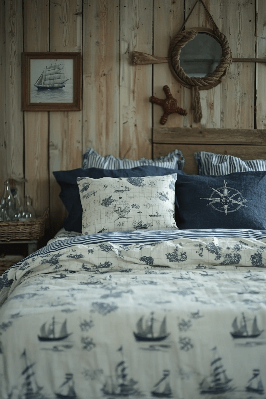 Boho coastal bedroom with navy stripes and rope accents