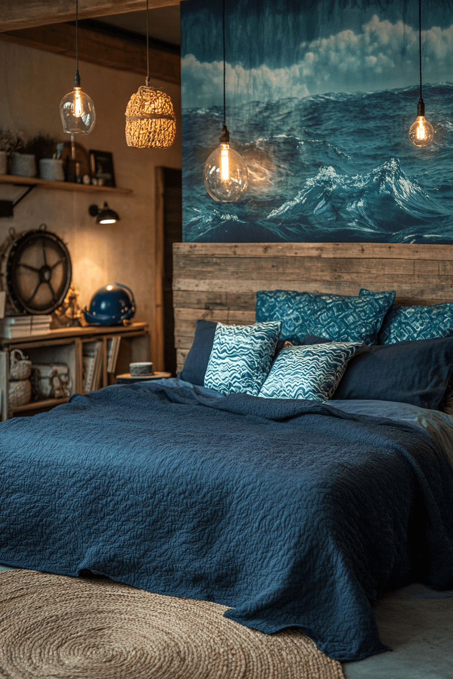 Boho coastal bedroom with coral accessories and wood accents