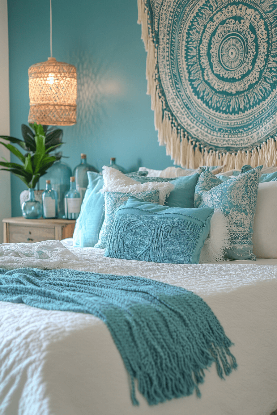 Boho coastal bedroom with aqua tones and flowing curtains