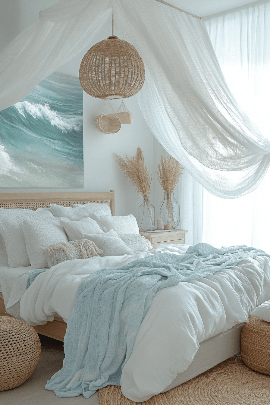 Boho coastal bedroom with white basics and colorful ocean-inspired throws