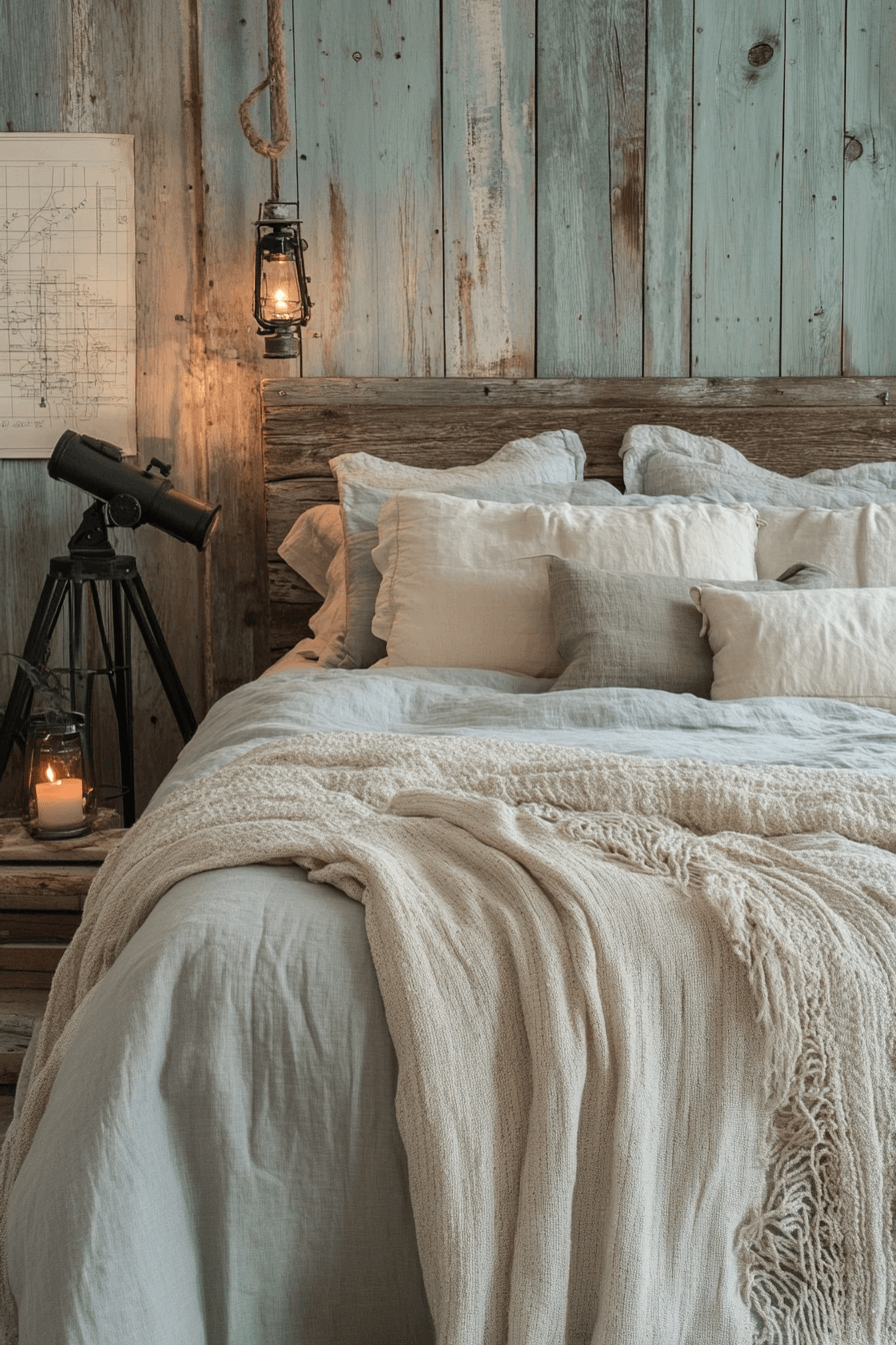 Boho coastal bedroom with sun-bleached colors and rope-wrapped mirrors