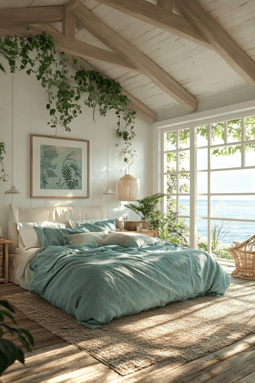 Boho coastal bedroom with hanging plants and oversized floor cushions