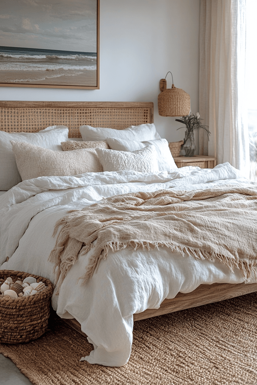 Boho coastal bedroom with woven wall hangings and basket displays
