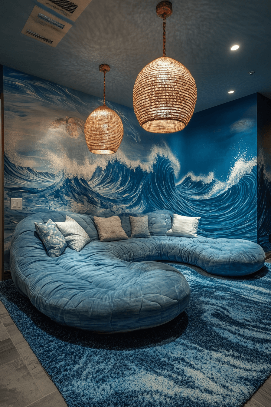 Boho coastal bedroom with wave-inspired patterns and curved furniture