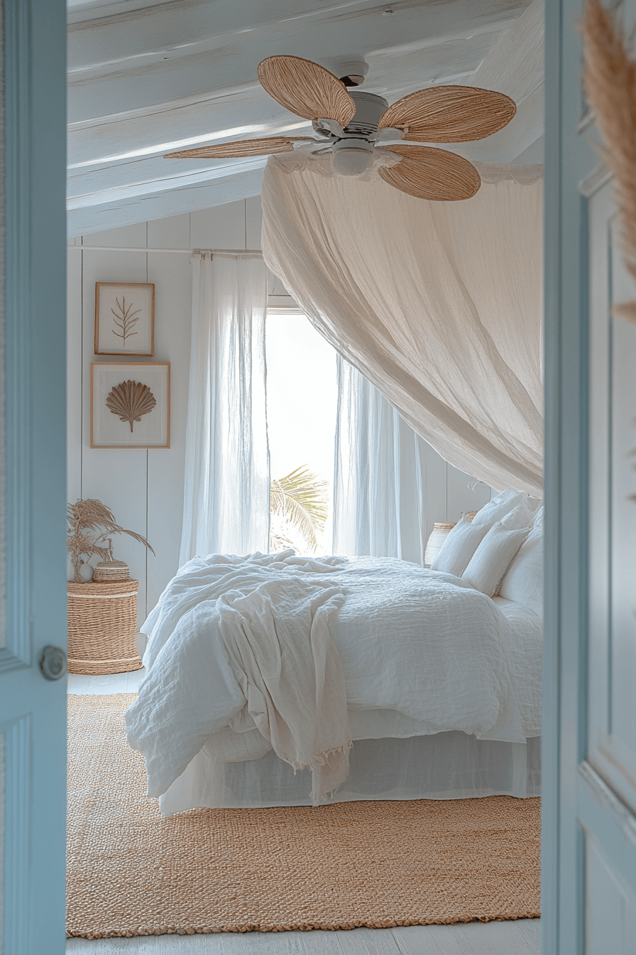 Boho coastal bedroom with sheer curtains and beach treasure mobiles