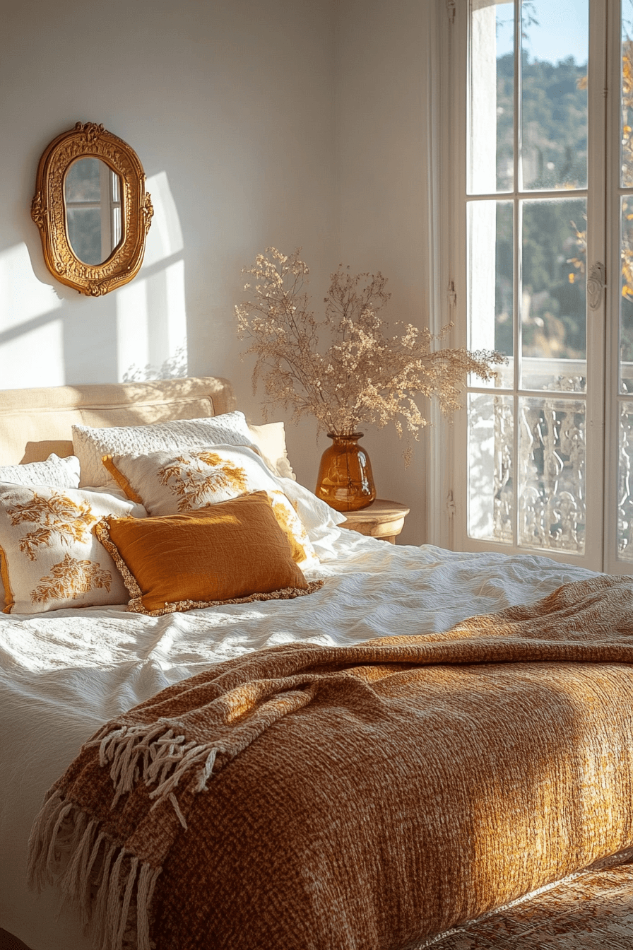 Boho coastal bedroom with golden tones and woven baskets