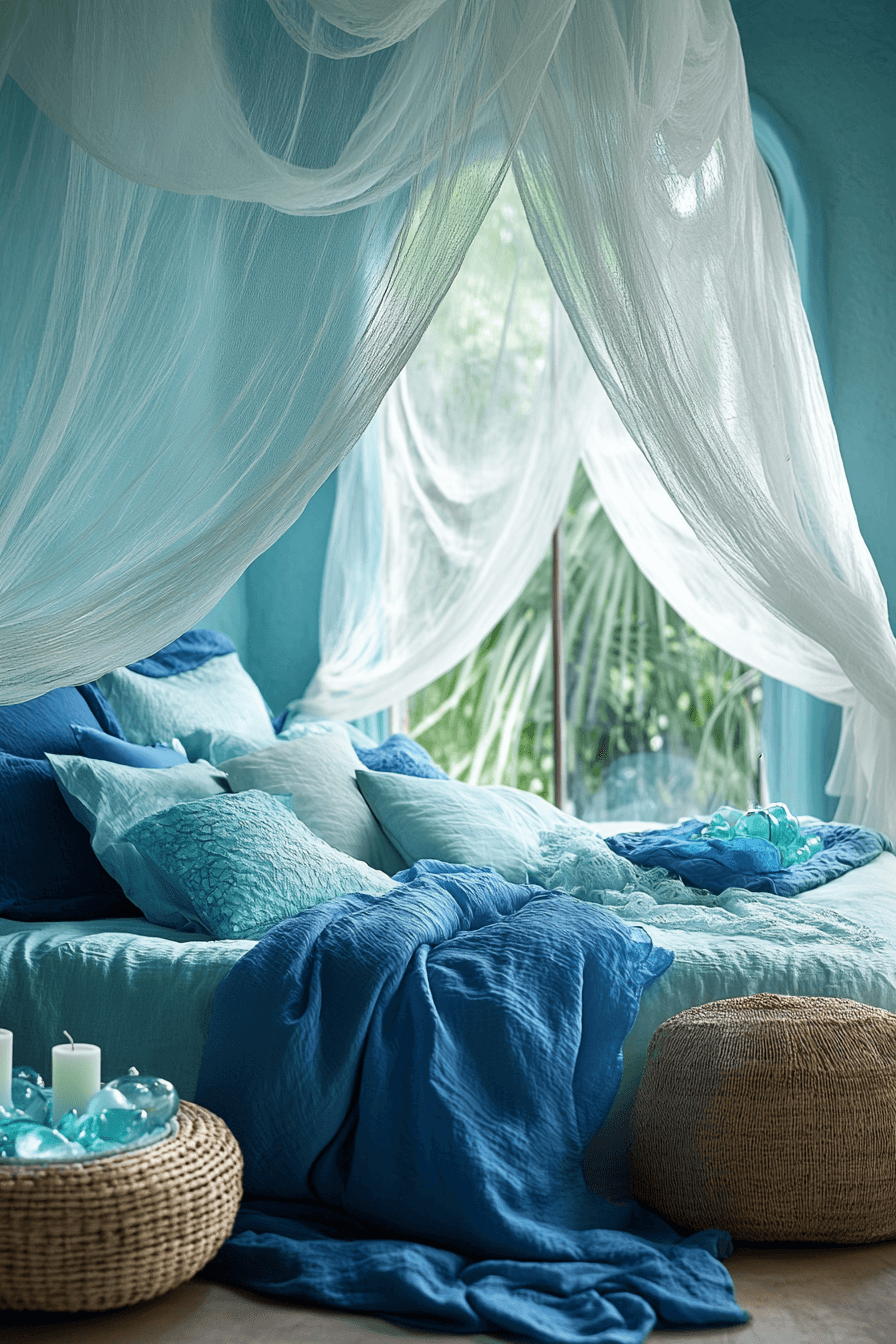 Boho coastal bedroom with seafoam green walls and driftwood decor