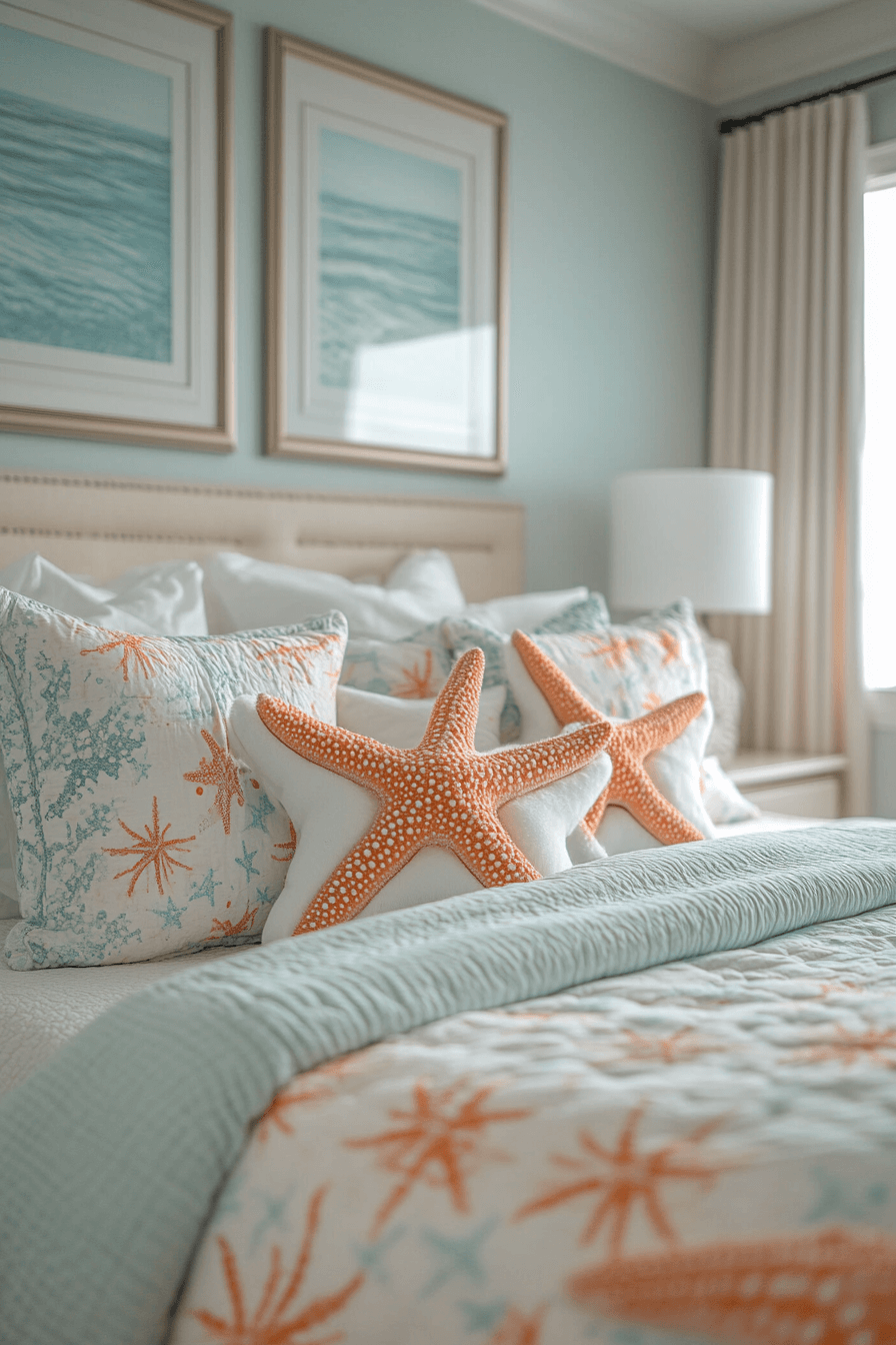 Boho coastal bedroom with starfish patterns and plush bedding
