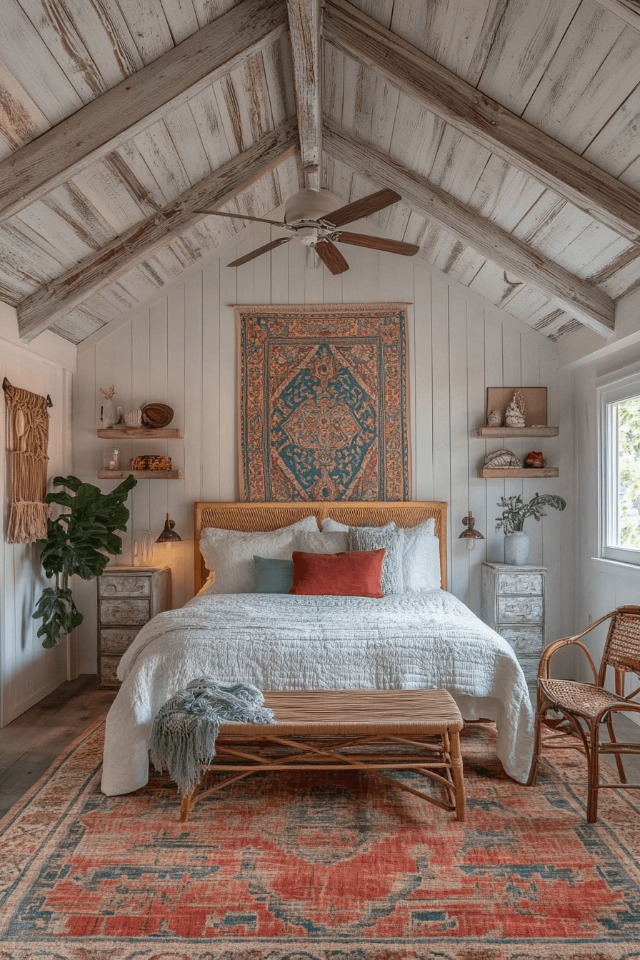Boho coastal bedroom with light wood furniture and coastal artwork