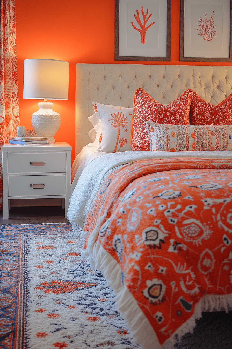 Boho coastal bedroom with coral accents and ocean-inspired artwork