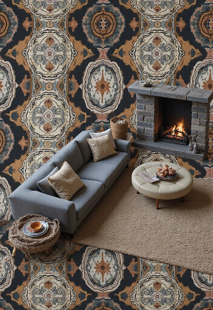 Cozy Fireplace with Charcoal Grey Sofa