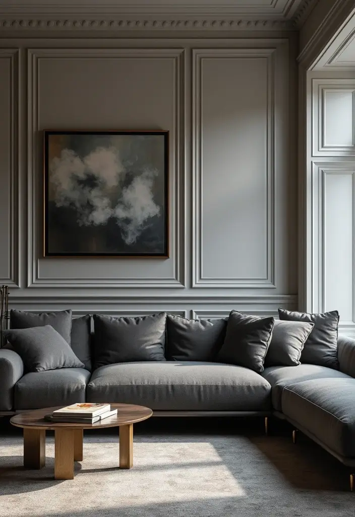 29 Ideas We Love: Sophisticated Living Rooms Featuring A Charcoal Grey Sofa - 27. Effortless Luxury