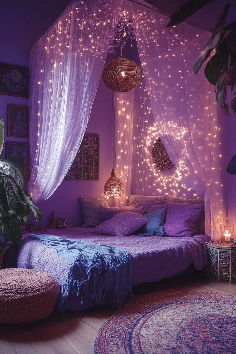 Boho bedroom with fairy light curtains and white drapes