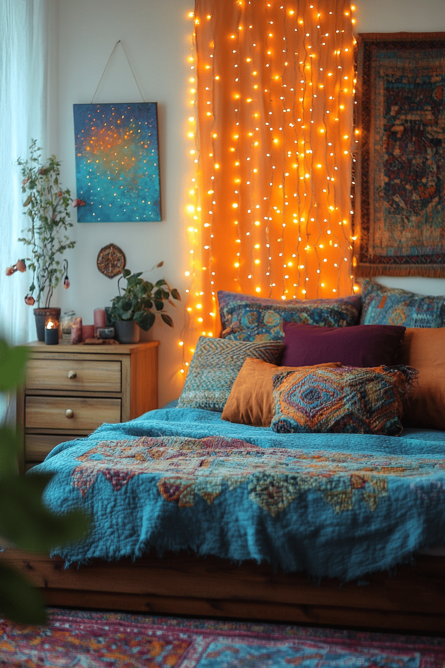Colorful curtain lights in a lively boho bedroom
