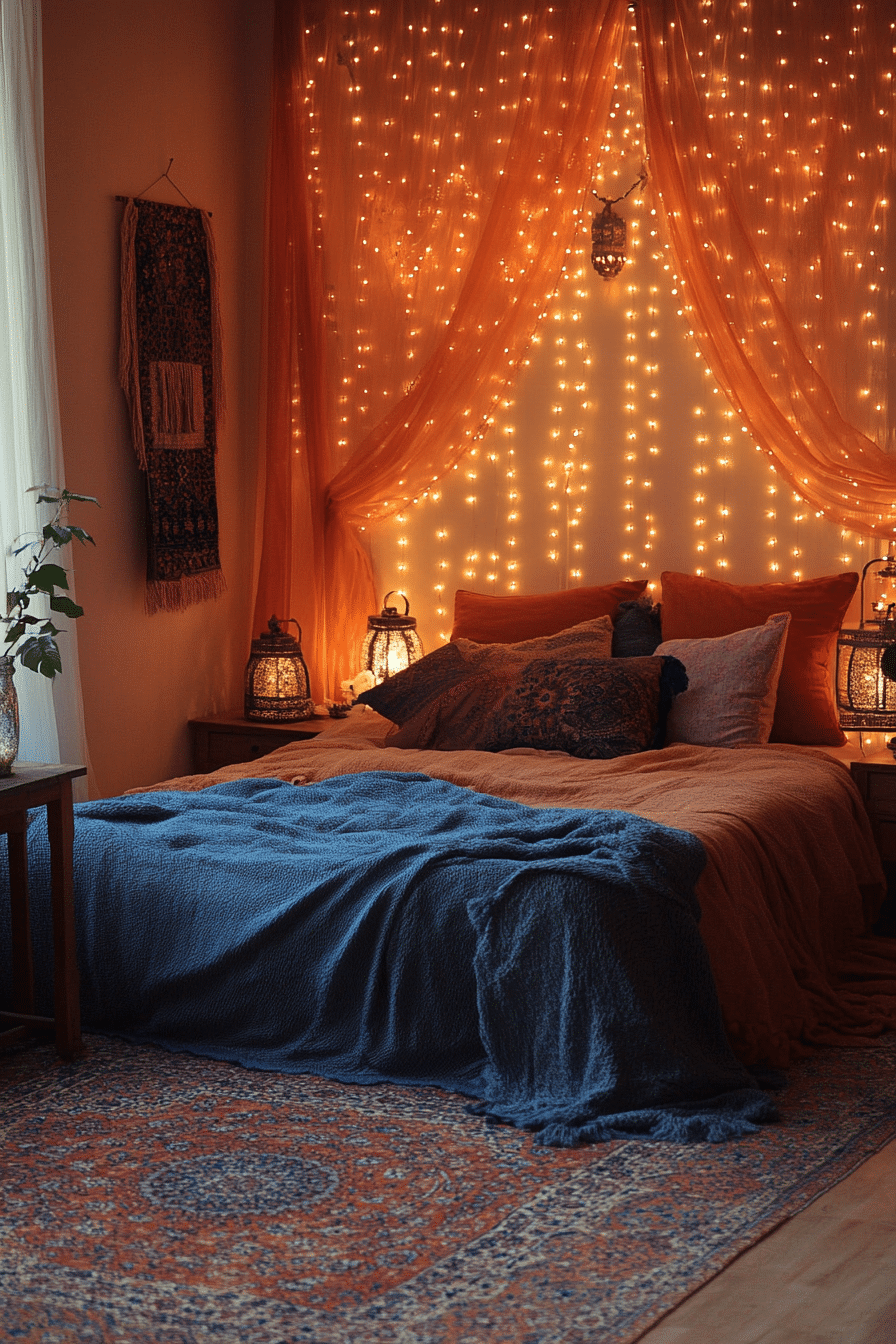 Romantic boho bedroom with soft curtain lights