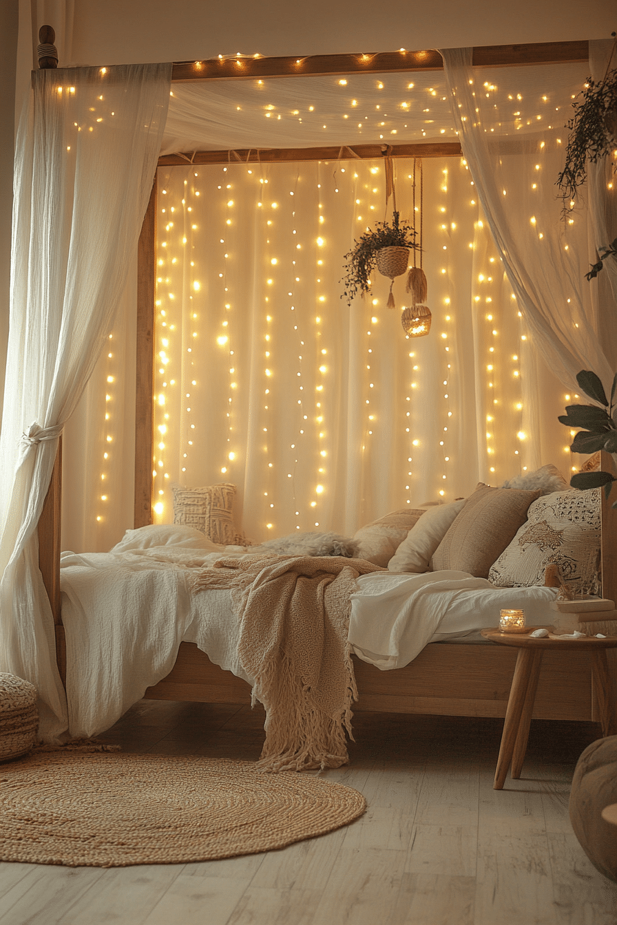 Curtain lights cascading like a waterfall in a boho bedroom