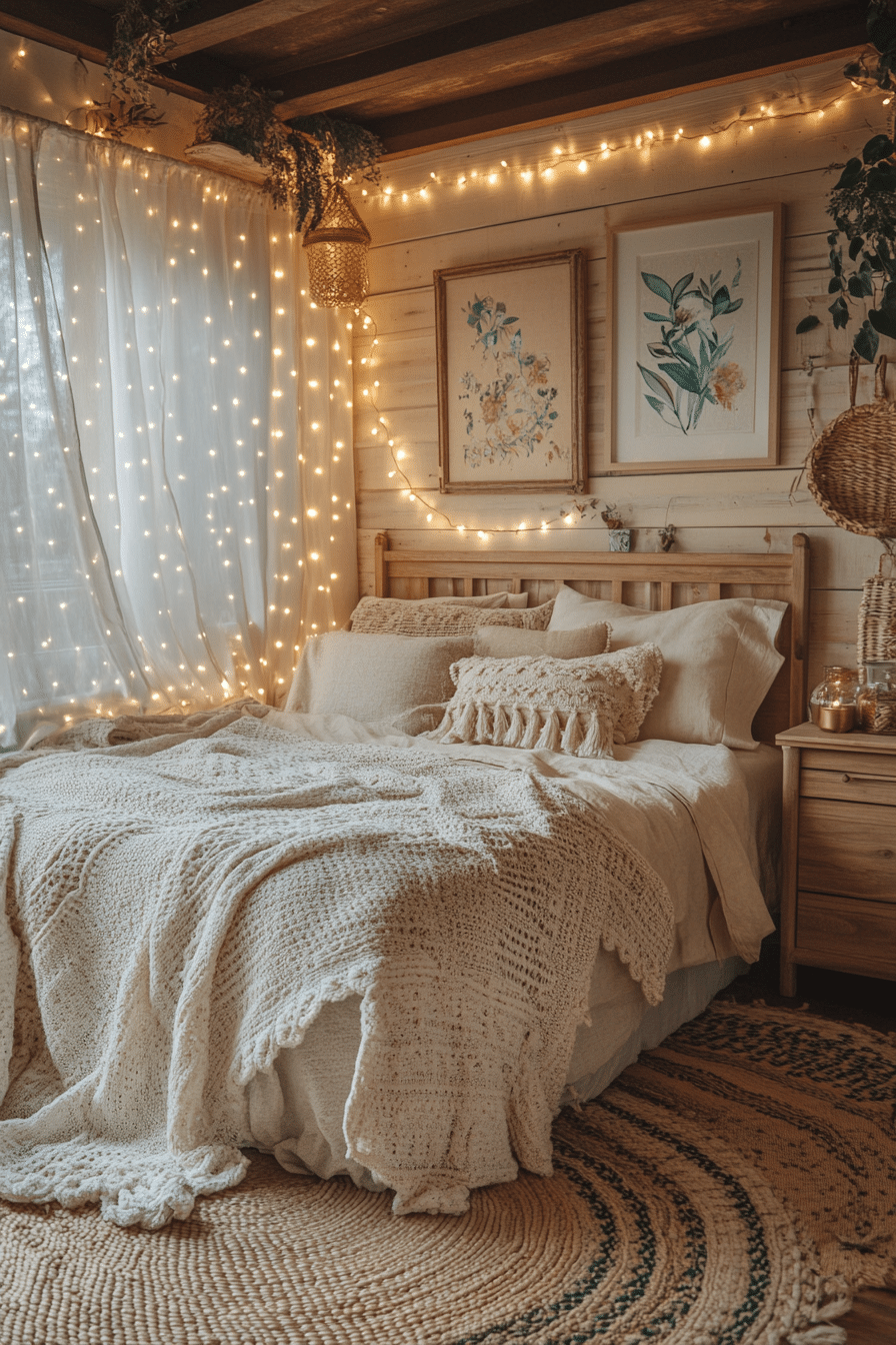 Boho bedroom with warm copper string lights and natural decor