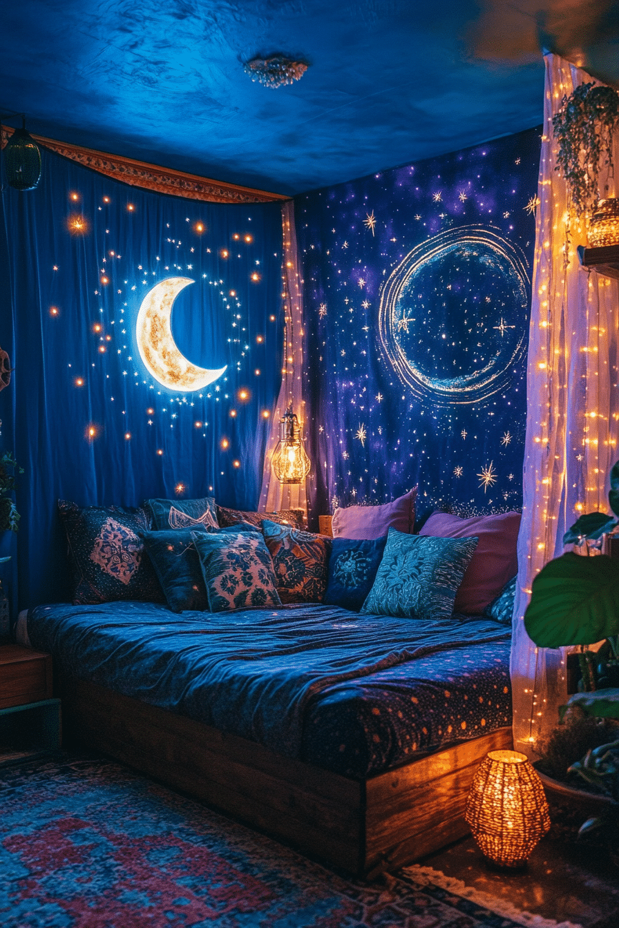 Boho bedroom with constellation-inspired curtain lights