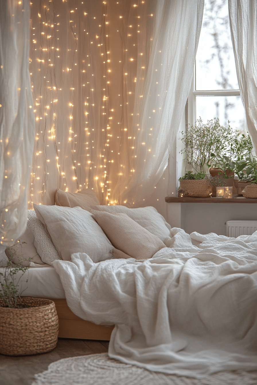 Calm boho bedroom with soft white curtain lights and neutral decor